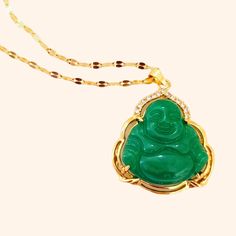 women's green jade buddha necklace Spiritual Jade Necklace For Good Luck, Green Necklace With Gold Chain Gift, Green Necklaces With Gold Chain For Gifts, Gold Jade Pendant Necklace, Spiritual Green Jewelry With Adjustable Chain, Gold Jade Necklace Gift, Gold Jade Jewelry For Good Luck, Gold Jade Gemstone Crystal Necklace, Gold Jade Crystal Necklace With Gemstone