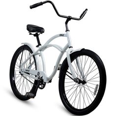 a white bicycle with black spokes on the front and back wheels, is shown