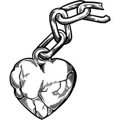 a heart shaped lock and chain hanging from it's side, vintage line drawing or engraving style