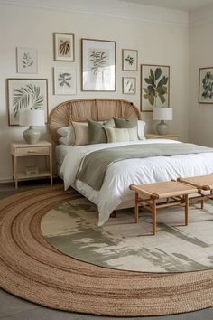 a large bed sitting in a bedroom on top of a rug next to a table