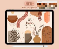 an image of a tablet screen with the text, 50 boho stamps procrety