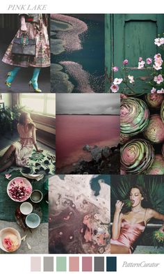 a collage of photos with flowers, plants and other things in the background that are color swatches