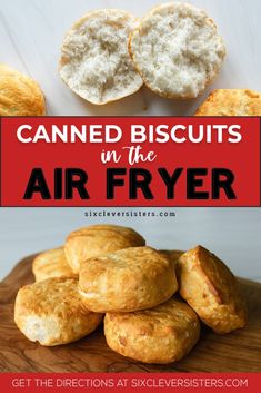 baked biscuits in the air fryer with text overlay