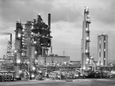 black and white photograph of an oil refinery