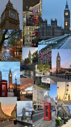 a collage of photos with the london skyline