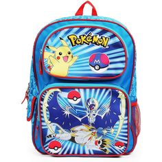 a blue backpack with pokemon pictures on it