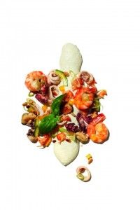 shrimp and vegetable salad with dressing on white background