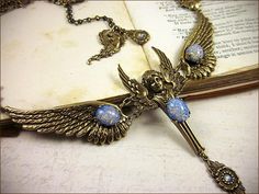 Valkyrie Necklace - White Opal - Antiqued Brass - Rabbitwood & Reason - Photo: La Candella Weddings Elegant Winged Metal Jewelry, Medieval Necklace, Necklace Fairy, Wing Jewelry, Angel Jewelry, Wing Necklace, Fairy Angel, Fantasy Jewelry, Collar Necklace