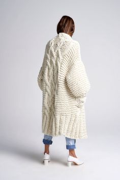 This coat is designed to use 12 balls of our 150 Gram Merino No. 5 yarn. We also have a limited supply of our XL Merino No. 5 skeins. You can utilize 3 of these XL skeins and not have to worry about connecting balls of yarn! The XL skeins are also great because they have NO KNOTS! This listing is for the pattern only. After checkout, you will receive a digital copy of the pattern by email. If you would like to buy the full DIY Kit for this style, you can do so here. Pattern level: Intermediate M Knitted Coats, Mohair Sweaters, Loopy Mango, Adorable Clothes, Sweaters Women, Knitting Needles Sizes, Knitwear Fashion, Coat Patterns, Chunky Crochet