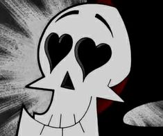 a cartoon skeleton with two hearts on its face and one in the other's mouth