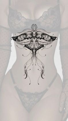 a drawing of a woman's stomach with a butterfly tattoo on her chest and bra