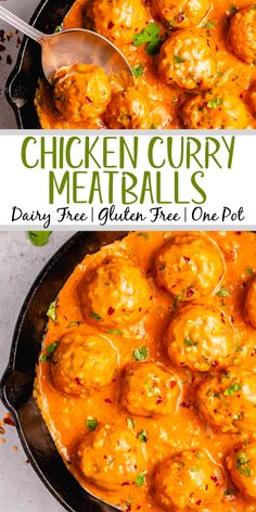 chicken curry meatballs in a skillet with a spoon and title text overlay