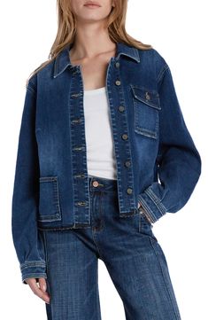 An oversized silhouette means laid-back cool in this modern denim jacket featuring a released frayed hem for deconstructed detail. 21" length Spread collar Unlined 95% cotton, 4% polyester, 1% spandex Machine wash, tumble dry Imported Trendy Medium Wash Denim Shacket, Spring Denim Shacket In Relaxed Fit, Spring Medium Wash Denim Shacket, Oversized Medium Wash Denim Jacket With Patch Pockets, Spring Denim Shacket With Patch Pockets, Denim Blue Relaxed Fit Utility Jacket For Spring, Relaxed Fit Denim Blue Utility Jacket For Spring, Dark Wash Cotton Shacket For Fall, Casual Washed Blue Denim Jacket With Frayed Hem