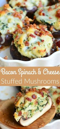 bacon spinach and cheese stuffed mushrooms on a plate with text overlay that reads bacon spinach and cheese stuffed mushrooms