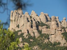 some very tall rock formations with trees in the foreground