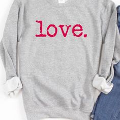 The perfect cozy sweatshirt for Valentine's Day!Size: S, M, L, XL Material: 50% Polyester; 50% cottonCare: Machine Wash Cold Valentines Day Outfits For Women Casual, Valentines Day Tshirt Ideas, Valentines Clothing, T Shirt Text Design, Valentines Day Shirts For Women, Craft Clothes, Holiday Sweatshirts, Couple T Shirt Design