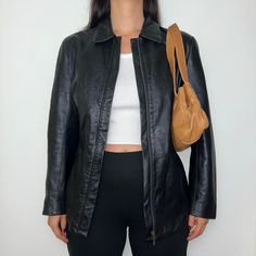 "Vintage super soft real leather bomber zip up jacket with zipper closure and two front pockets.   Colour: Black  Gender: Womens  Style: Leather Jacket  Brand: Principles  Size: Best fits UK 6/8/10 (US 2/4/6)  Measurements: Pit to Pit - 19.5\" Length - 27\"   Model: Size UK 8/10 (US 4/6) Height 5ft5\"    Disclaimer: We are not affiliated with any of the brands displayed on this platform. We are reselling / reworking authentic items that has been released into the open market for public purchase." Leather Jacket With Zipper Pocket And Long Sleeves, Leather Outerwear With Zipper Pocket For Fall, Black Leather Jacket With Long Sleeves For Everyday, Everyday Black Leather Jacket With Long Sleeves, Black Leather Jacket With Zipper Pocket, Trendy Leather Jacket With Zip Fly, Style Leather Jacket, Open Market, Jacket With Zipper