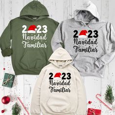 Celebrate the joy of togetherness this holiday season with our Mexican Christmas Family Matching Hoodie. Our Spanish Christmas Family Matching Sweatshirt brings a touch of warmth and tradition to your celebrations. With its festive design and comfortable fit, it's perfect for creating lasting memories during Navidad. Embrace the Mexican Christmas spirit with this Navidad Familiar Christmas Hoodie, whether you're sipping hot cocoa by the fire or singing carols under the stars. This holiday season, make your gatherings even more special with our Mexican Christmas Holiday Shirt. Our products are Bella+Canvas branded and handmade. If Bella+Canvas is out of stock, I will send it from a trusted brand of the same size and quality. You can contact us in case of any problem or request. If you purch Christmas Cotton Hoodie With Letter Print, Christmas Cotton Hoodie Top, Holiday Outfit Christmas, Spanish Christmas, Christmas Santa Hat, Mexican Christmas, Outfit Christmas, Matching Sweatshirts, Christmas Hoodie