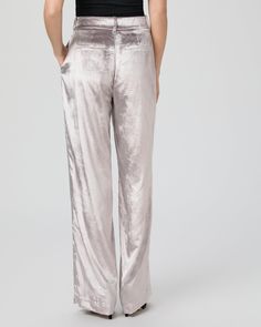 Crafted in luxuriously soft icy grey high shine drapey velvet, this clean front high-rise wide-leg trouser pairs perfectly with the matching Kriselle Blazer for an elevated suiting look. | Chateau Pant - Pewter Velvet | Size 14 Chic Velvet Bottoms For Formal Occasions, Elegant Sheen Bottoms For Party, Elegant Party Bottoms With Sheen, Elegant Velvet Wide Leg Pants For Party, Elegant Metallic Pants For Work, Elegant Silver Pants For Evening, Silver Elegant Evening Bottoms, Elegant Metallic Straight Leg Bottoms, Elegant Silver Pants For Workwear