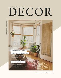 the front cover of a magazine with an image of a living room and bedroom in it