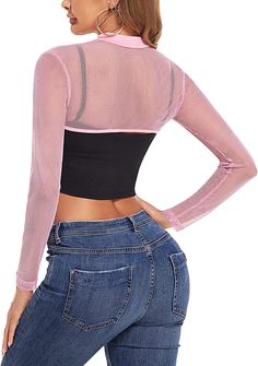 95% Polyester. 5% Spandex Pull On closure Hand Wash Only Material : This Mesh Crop Tops is made of 95% polyester 5% spandex. The skin friendly material is breathable and comfortable. so you will not feel itchy when wearing on it. Features: This long sleeve see through crop top features mesh material. mock neck. slim fit. pull on closure and perfect sleeve length. Simple but super trendy and eyecatching! Ocassion: You can pair this sheer crop tops with any dress/strappy clothes/sleeveless tops an Medium Support Cropped Top For Spring, Summer Mesh V-neck Top, Fitted Nylon Tops With Mesh Sleeves, Fitted Nylon Top With Mesh Sleeves, Fitted Top With Mesh Sleeves In Nylon, Pink V-neck Workout Tops, High Stretch Long Sleeve Tops For Summer, Trendy Stretch Mesh Top With Crew Neck, Fitted Tops With Mesh Sleeves For Workout