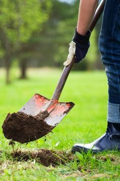 a person digging dirt in the grass with a shovel