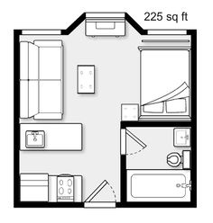 the floor plan for a studio apartment with two beds and one bathroom, including a living room