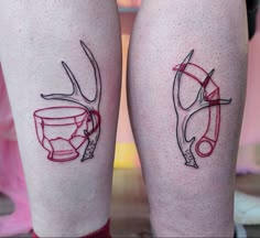 two tattoos on the legs of people with red ink