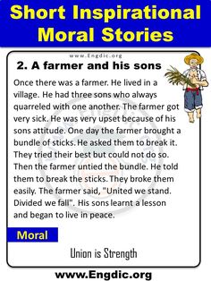 a poster with the words short inspirational stories in english and an image of a farmer