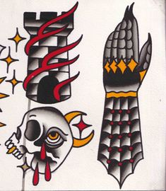 some tattoos on the side of a white wall with red and yellow designs around it