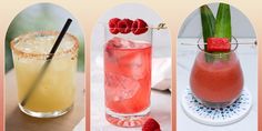 four different types of cocktails with strawberries and raspberries on the side