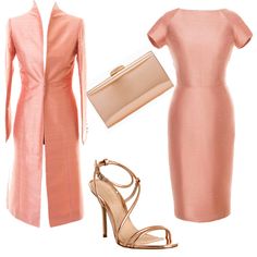 a women's pink dress and jacket with heels, purse and handbag on white background