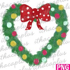 a heart shaped wreath with a red bow and polka dot dots on it, in the shape