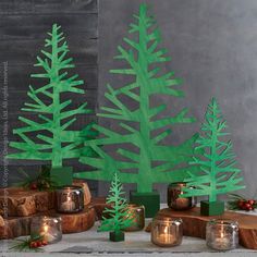 some green trees are sitting next to candles