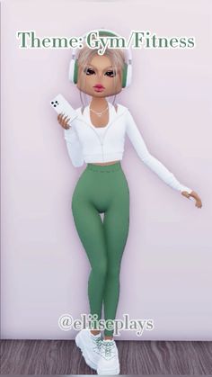 a woman in green pants and headphones is posing for the camera with her hands on her hips