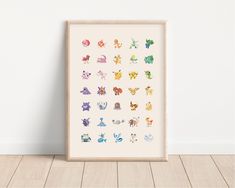 an art print with different pokemon characters on the front and back, in pastel colors