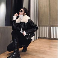 Product information:Material: PUStyle: Casual. StreetFeatures:Solid colorColour: blackSize Information: Size/CM Lenght Bust Shoulder Sleeve S 51 112 68 43 M 52 116 69 44 L 53 120 70 45 XL 54 124 71 46 2XL 55 128 72 47 3XL 56 132 73 48 Winter Chic Black Biker Jacket, Black Winter Biker Jacket For Workwear, Winter Workwear Black Biker Jacket, Black Biker Jacket For Workwear And Winter, Black Biker Jacket For Spring, Black Biker Jacket For Workwear In Winter, Black Leather Jacket With Long Sleeves For Winter, Fitted Black Biker Jacket For Cold Weather, Fitted Black Biker Jacket For Winter