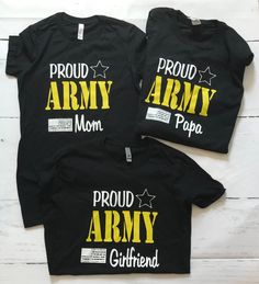 Proud Army Family shirt. We love our original design! Thank you for your families service! Add your shirt and then select Mom, Sister, Brother, Wife, Husband, Lil Brother, Someone I love, Uncle, Aunt, Nana, Girlfriend, Grandmother, Grandfather, Poppop, Pappy and so many more. *Baby items will have an adjusted logo design due to small, cuteness size of clothing :). These are BLACK T-shirts ONLY. (unless you select something different) **LADIES CUTS RUN SMALLER, PLEASE order accordingly. Please lo Black Cotton Family Matching T-shirt, Black Shirt With Graphic Print For Family Matching, Black Family Matching T-shirt With Name Print, Black T-shirt With Name Print For Family Matching, Custom Print Black Tops For Family Occasions, Black Crew Neck T-shirt For Family Events, Black Tops With Graphic Print For Family Events, Black Cotton Tops For Family Events, Cotton T-shirt With Name Print For Family Events