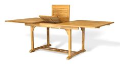 a wooden table with an open book on it's top and two chairs at the base