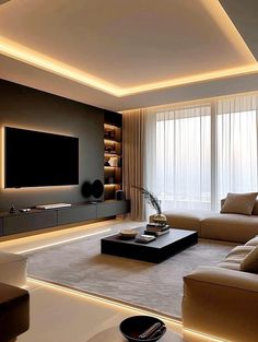 a living room with couches, tables and a television on the wall in it