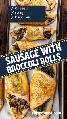 sausage with broccoli rolls on a baking sheet and the words sausage with broccoli rolls above it