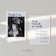 an image of a wedding thank card with the words dear friends and family on it