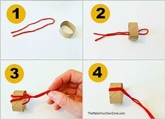 instructions to make an origami box with red string and paper roll for decoration