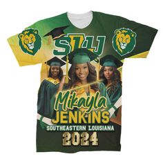 WE CAN DO BULK AND RUSH ORDERS!  Message us for a quote. Get a t-shirt with a custom graduation design all over it.  We can customize it with the colors for your school or to your liking.  How does the process work?: 1.) Send us between 1 to 3 pictures you want on the shirt. 2.) Send us the personalized text for the shirt. 2.) We make a mockup for you. 3.) Once the mockup is approved by you, we make and ship the shirt. You have 24 hours to ask for changes.  Its Easy! Due the the printing process Custom Print Sublimation Crew Neck For Fan Merchandise, School Spirit T-shirt With Graphic Print For Graduation, Graduation Letter Print Crew Neck T-shirt, School Spirit Crew Neck T-shirt With Sublimation Print, Customizable Short Sleeve T-shirt For Graduation Gift, Customizable Graduation T-shirt With Crew Neck, Graduation Custom Print Short Sleeve T-shirt, Customizable Crew Neck T-shirt For Graduation Gift, Graduation Graphic Print Short Sleeve T-shirt