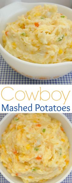 two bowls filled with mashed potatoes on top of a blue and white checkered table cloth