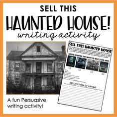 an old house with text that reads sell this haunted house writing activity