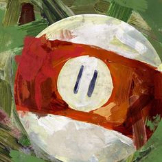 an abstract painting of a red and white ball with two black pins in it's center