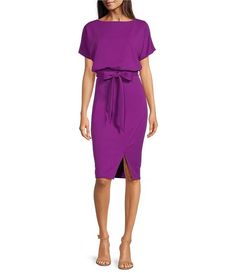 Kensie Textured Knit Boat Neck Self-Tie Waist Faux Wrap Blouson Dress | Dillard's Fitted Belted Dress With Tie Fastening For Work, Chic Tie Waist Dress For Party, Chic Belted Dress With Tie Waist For Party, Casual Fitted Belted Dress With Tie Waist, Chic Belted Dress For Party, Chic Party Dress With Belted Tie Waist, Chic Fitted Belted Dress With Tie Waist, Elegant Fitted Belted Dress With Tie Fastening, Formal Knee-length Belted Dress With Tie Waist