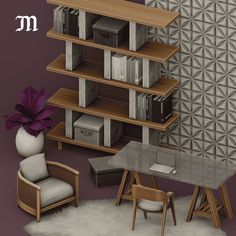 Sims 4 Arrie Office CC Pack Sims 4 Cc Office Patreon, Sims 4 Cc Wall Decor Patreon, Sims 4 Cc Office, Modern Bookcase Design, Mid Century Office, Sims 4 Bedroom