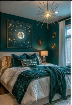 a bedroom with teal walls, white bedding and stars on the headboard